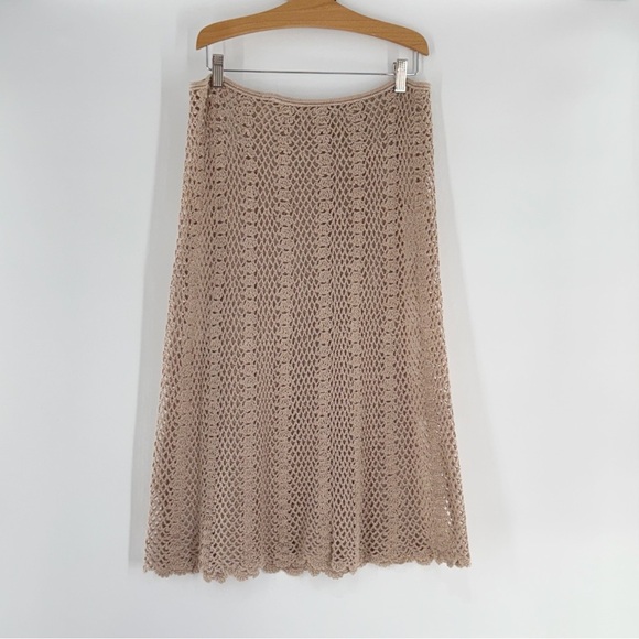 Women’s Medium Beige Crochet Knit A-Line Skirt Boho Midi Scalloped - Picture 5 of 6